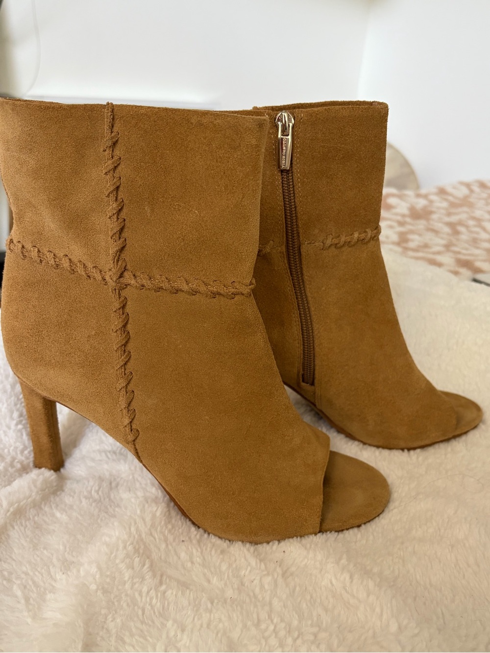 Vince Camuto Tan Suede Peep-Toe Ankle Boots